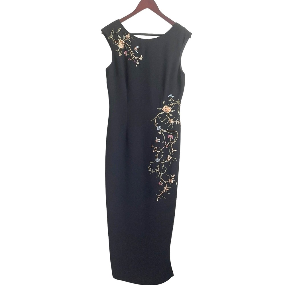 Maggie London Women Cottage Floral Maxi Dress 10 Black Embroidered Sheath Boho